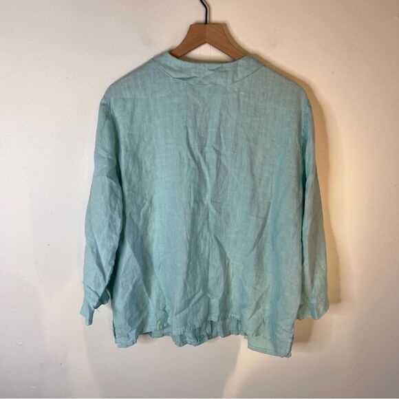 Hot Cotton Linen Baby Blue Aqua Button-Up Long sleeve Shirt Ruffle Hem XL - Picture 5 of 8